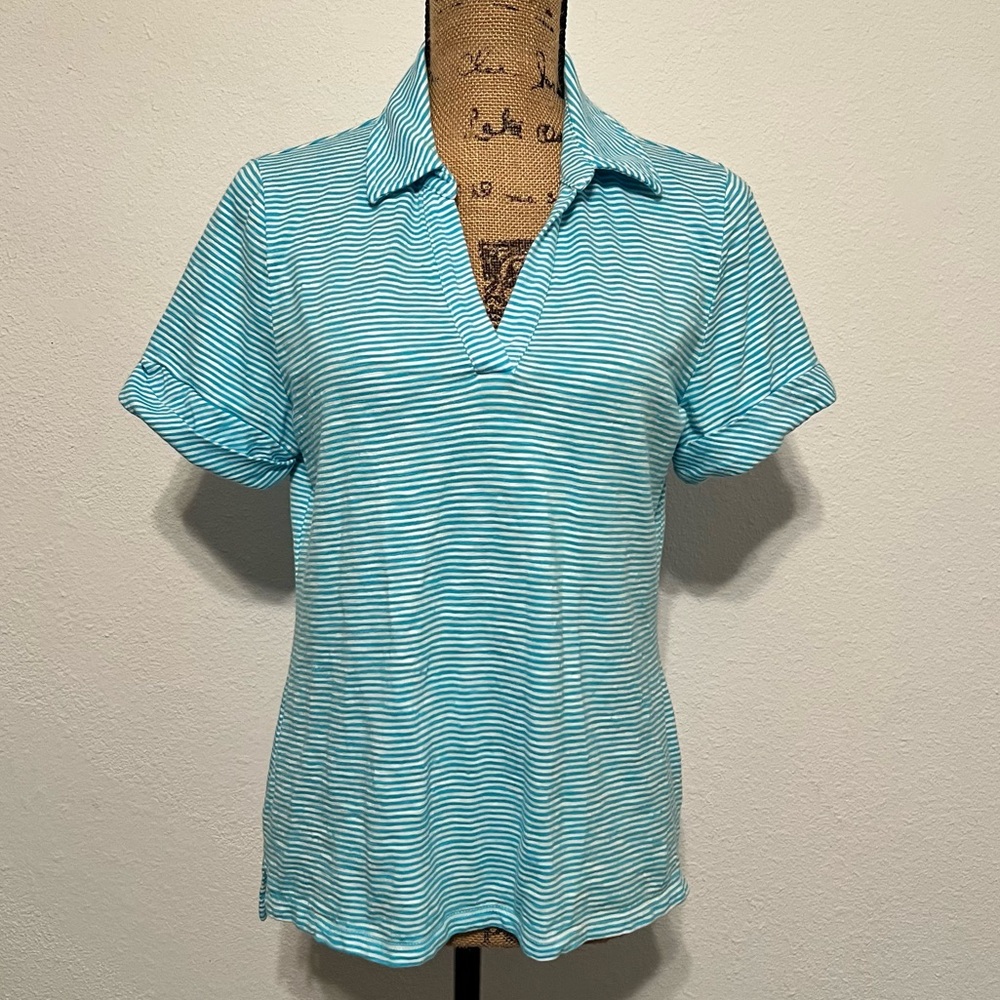 Talbots Blue and White Striped V-neck cotton shirt large petite